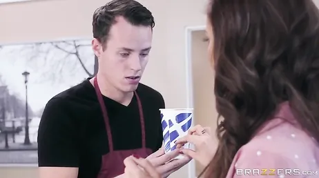This woman is very dirty, she looks with desire at the boy in the cafeteria
