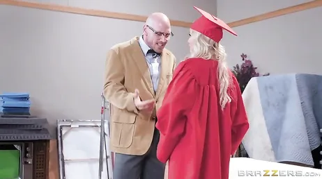 She is very happy, that's why she has sex with her teacher, what a slut.