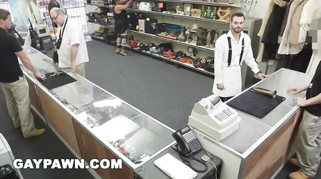 Gay pawnshop clerk sucks and fucks him