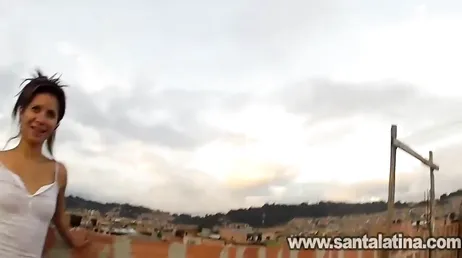 Latina slut goes up to the roof to do laundry and fucks the neighbor