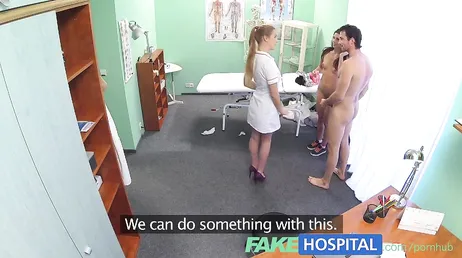 Slutty nurse catches them fucking and decides to join the party