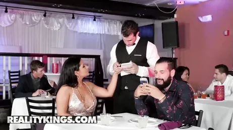 Fed up with her boyfriend not leaving his phone behind, she decides to fuck the waiter