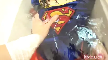 She gets into the bathtub dressed, what an ass my sister has!!