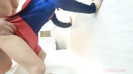 She gets into the bathtub dressed, what an ass my sister has!!