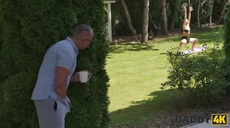 The lecherous grandfather spies on his son's girlfriend doing yoga in the garden...!!