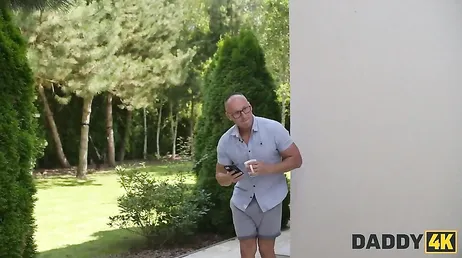 The lecherous grandfather spies on his son's girlfriend doing yoga in the garden...!!