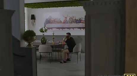 The lecherous grandfather spies on his son's girlfriend doing yoga in the garden...!!