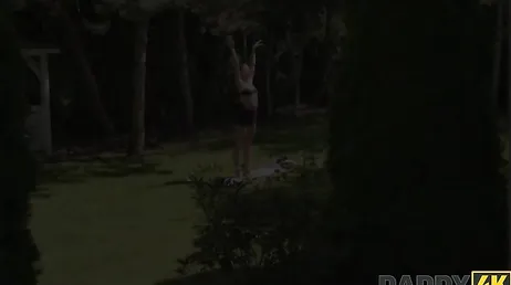 The lecherous grandfather spies on his son's girlfriend doing yoga in the garden...!!