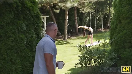 The lecherous grandfather spies on his son's girlfriend doing yoga in the garden...!!