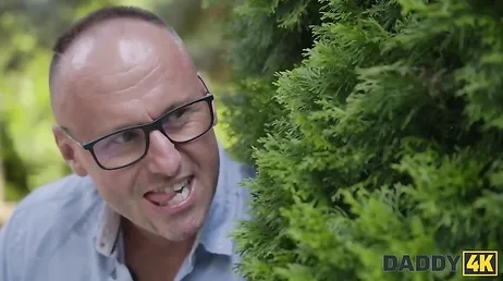 The lecherous grandfather spies on his son's girlfriend doing yoga in the garden...!!